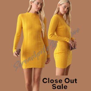 Uber Stretchy Office to Evening Ribbed Long Sleeve Sunny Yellow Sexy Mini Dress